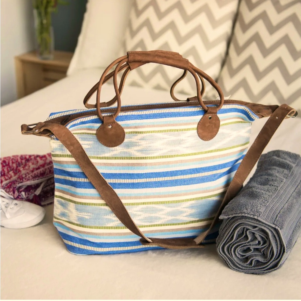 Maya travel embroidered w leather duffel bag made in Guatemala weekend travel